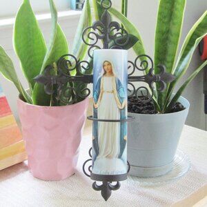 Lady of Grace LED Flameless Flickering Candle, w/Cross Fleur-de-lis Wall Sconce